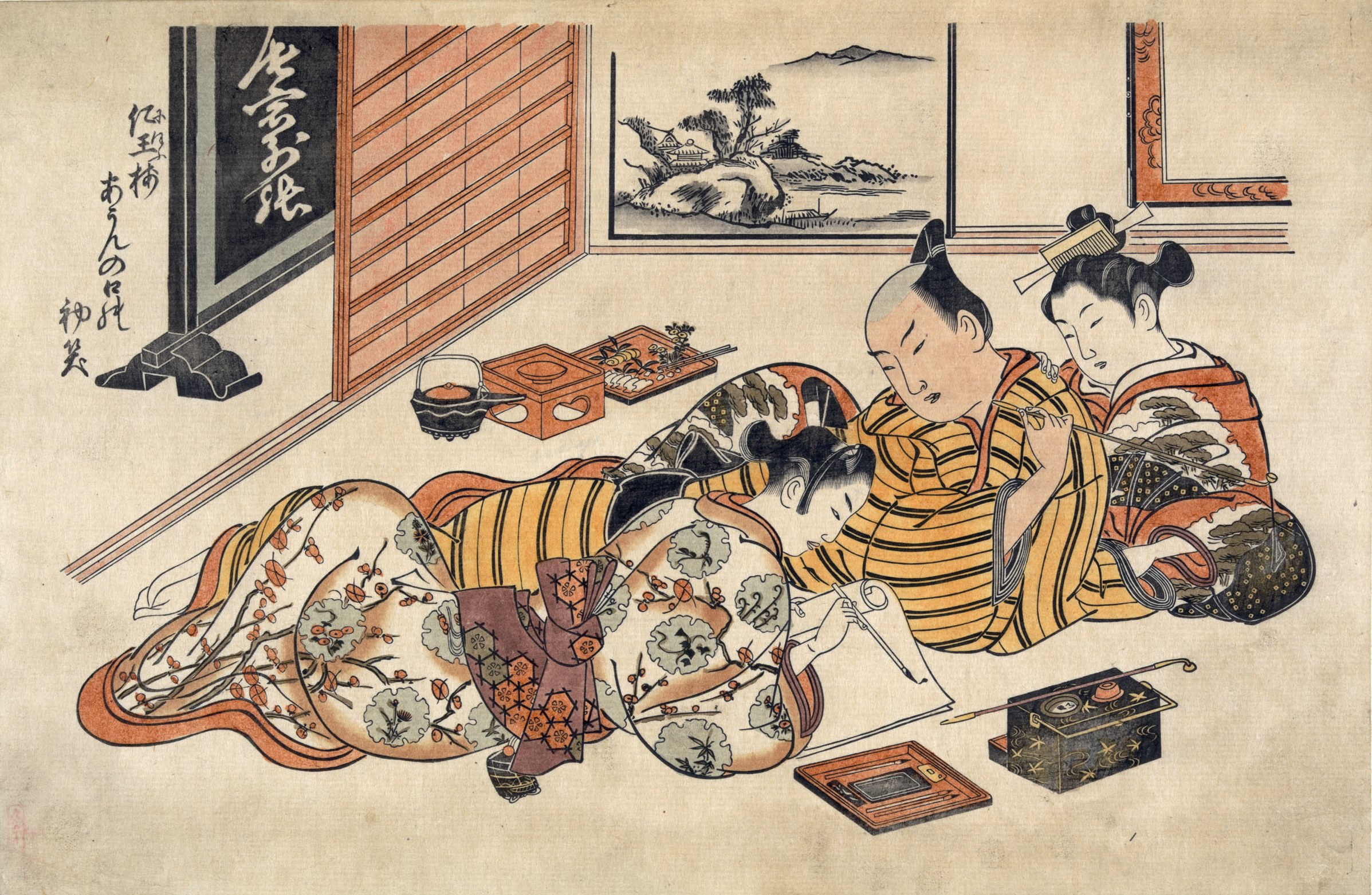 Окумура Масанобу. Мужчина между двумя женщинами, одна из которых пишет письмо. 1733.